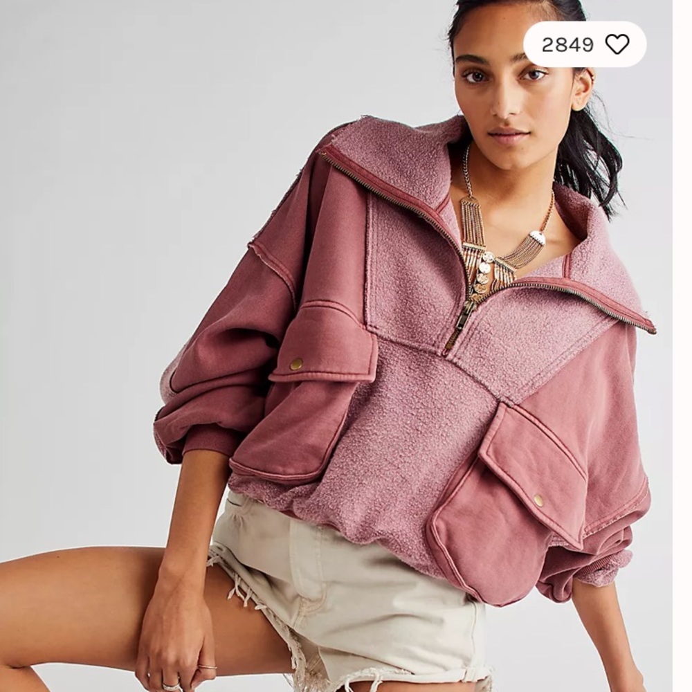 Free People Dusty Rose Half-Zip Sherpa Pullover